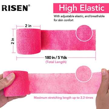 RISEN Cohesive Bandage 2” x 5 Yards, 6 Rolls, Self Adherent Wrap Medical Tape, Adhesive Flexible Breathable First Aid Gauze Ideal for Stretch Athletic