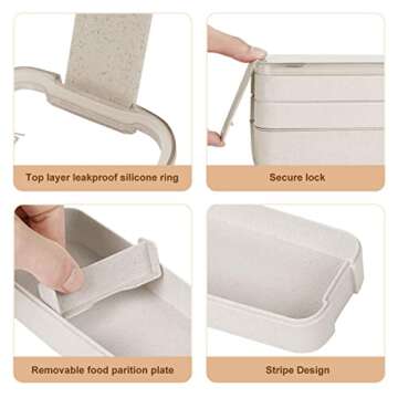 Bento Box for Adults, 3-In-1 Meal Prep Container, 900ML Japanese Lunch Box with Compartment, Wheat Straw, Leak-proof, Spoon & Fork, BPA-free (Beige)