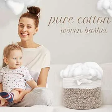 Small Rope Basket Round Woven Basket With Handle 9.5x9.5x7.1 in Cute Cotton Nursery Shelf Storage Basket Stitching Brown Beige Mixed Design Style 8.2L