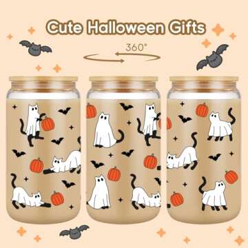 Fairy's Gift Halloween Ghost Cat Iced Coffee Cup, Halloween Cat Pumpkin Glass Tumbler, 16 oz Hallowe...