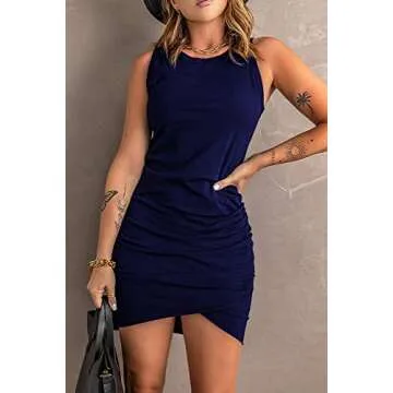 BTFBM Women 2025 Summer Sleeveless Tank Dresses Crew Neck Slim Fit Short Casual Ruched Bodycon Party Club Mini Dress(Navy, Large)