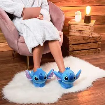 Disney Stitch, Womens Slippers 3D Fluffy Non Slip - Stitch Gifts (6.5/7.5 Blue Stitch)