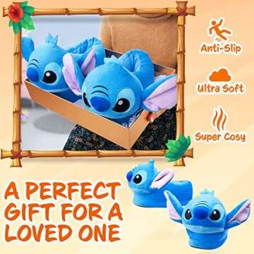 Disney Stitch, Womens Slippers 3D Fluffy Non Slip - Stitch Gifts (6.5/7.5 Blue Stitch)