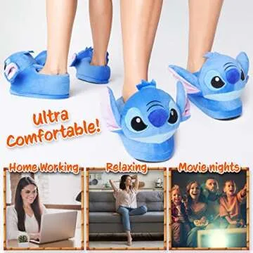 Disney Stitch, Womens Slippers 3D Fluffy Non Slip - Stitch Gifts (6.5/7.5 Blue Stitch)