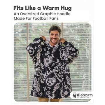 The Big Softy Oversized Blanket Hoodie Men - Graphic Print Football Hoodie Blanket, Sherpa Hooded Bl...