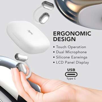 MyJoy Air Open-Ear Earbuds, Wireless Bluetooth Open Earbuds with Microphone for Work & Workouts, Sweatproof Multi-Touch Open Earphones with LCD Panel Display, White