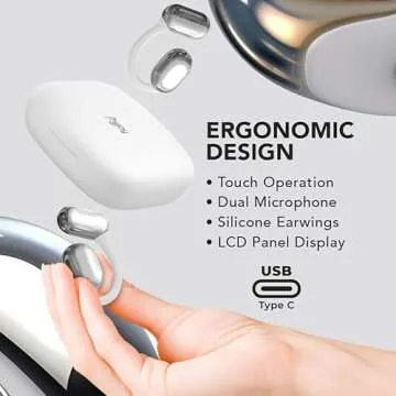 MyJoy Air Open-Ear Earbuds, Wireless Bluetooth Open Earbuds with Microphone for Work & Workouts, Sweatproof Multi-Touch Open Earphones with LCD Panel Display, White