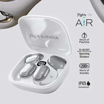 MyJoy Air Open-Ear Earbuds, Wireless Bluetooth Open Earbuds with Microphone for Work & Workouts, Sweatproof Multi-Touch Open Earphones with LCD Panel Display, White