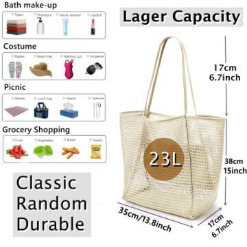 LXIAOY Mesh Beach Tote Womens Large Bag with Multiple Pockets Womens Shoulder HandbagVacation Beach Pool Trip Swimming Family (creamy-white)
