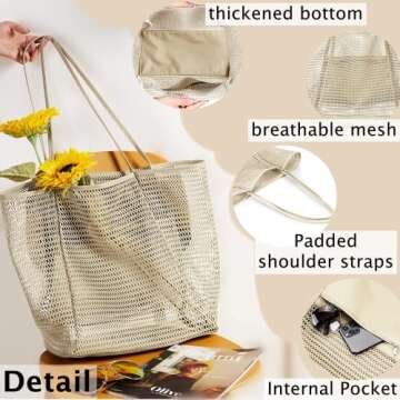 LXIAOY Mesh Beach Tote Womens Large Bag with Multiple Pockets Womens Shoulder HandbagVacation Beach Pool Trip Swimming Family (creamy-white)