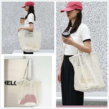 LXIAOY Mesh Beach Tote Womens Large Bag with Multiple Pockets Womens Shoulder HandbagVacation Beach Pool Trip Swimming Family (creamy-white)