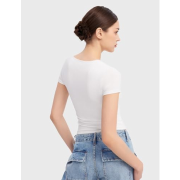 PUMIEY Short Sleeve T Shirts for Women Scoop Neck Top Basic Going Out Crop Tops Summer Slim Fit Tee Shirt Splashed White, Small