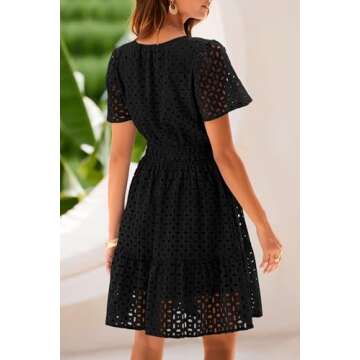 PRETTYGARDEN Womens 2025 Summer Short Dress V Neck Short Sleeve A Line Hollow Out Lace Ruffle Cute C...