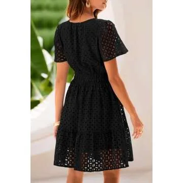 PRETTYGARDEN Womens 2025 Summer Short Dress V Neck Short Sleeve A Line Hollow Out Lace Ruffle Cute C...