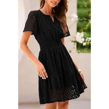 PRETTYGARDEN Womens 2025 Summer Short Dress V Neck Short Sleeve A Line Hollow Out Lace Ruffle Cute Casual Beach Party Dresses (Black,XX-Large)