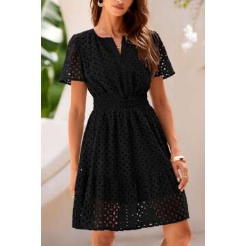 PRETTYGARDEN Womens 2025 Summer Short Dress V Neck Short Sleeve A Line Hollow Out Lace Ruffle Cute Casual Beach Party Dresses (Black,XX-Large)