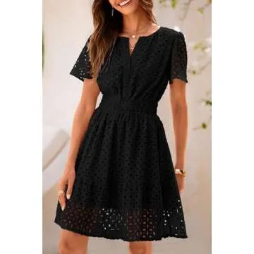 PRETTYGARDEN Womens 2025 Summer Short Dress V Neck Short Sleeve A Line Hollow Out Lace Ruffle Cute Casual Beach Party Dresses (Black,XX-Large)