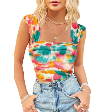SHENHE Women's Floral Tie Dye Wide Strap Square Neck Ruched Casual Fitted Crop Tank Top Green Pink M...