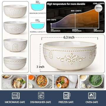 Artena Soup Bowls 32 OZ, Cereal Bowls Set of 4, Embossment Ceramic Ramen Bowl, 6.3 Inch White Salad ...
