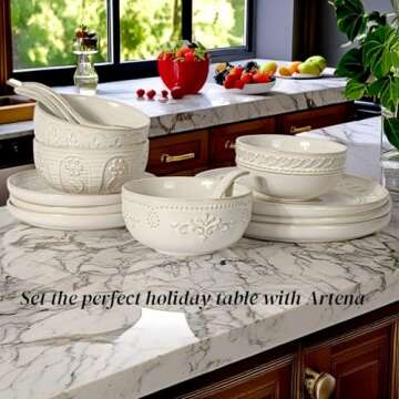 Artena Soup Bowls 32 OZ, Cereal Bowls Set of 4, Embossment Ceramic Ramen Bowl, 6.3 Inch White Salad Bowls, Large Dinner Bowl for Pho, Noodle, Pasta, Snack, Dishwasher Microwave Safe, Multiple Patterns