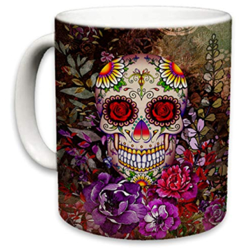 Sweet Gisele Sugar Skull Ceramic Mug, Floral Print Coffee Cup, Day of the Dead Design, Beautiful Viv...