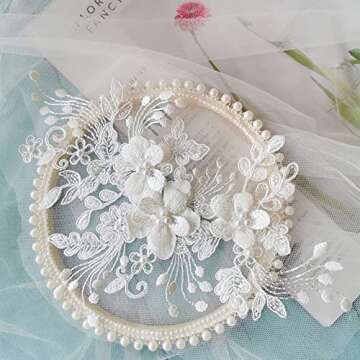 2Pcs Pearl Flower Embroidery Lace Patches 3D White Floral Embroidered Sew on Appliques for Wedding D...