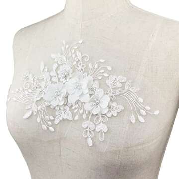 2Pcs Pearl Flower Embroidery Lace Patches 3D White Floral Embroidered Sew on Appliques for Wedding Dress Gown Headpiece Clothing Accessories Home Decoration Craft DIY