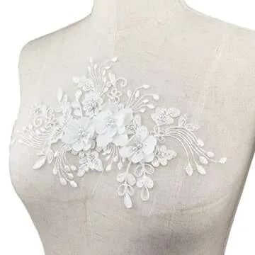 2Pcs Pearl Flower Embroidery Lace Patches 3D White Floral Embroidered Sew on Appliques for Wedding Dress Gown Headpiece Clothing Accessories Home Decoration Craft DIY