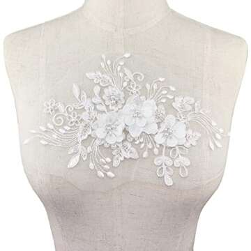 2Pcs Pearl Flower Embroidery Lace Patches 3D White Floral Embroidered Sew on Appliques for Wedding Dress Gown Headpiece Clothing Accessories Home Decoration Craft DIY