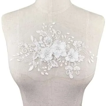 2Pcs Pearl Flower Embroidery Lace Patches 3D White Floral Embroidered Sew on Appliques for Wedding Dress Gown Headpiece Clothing Accessories Home Decoration Craft DIY