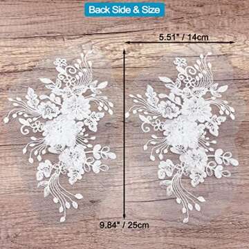 2Pcs Pearl Flower Embroidery Lace Patches 3D White Floral Embroidered Sew on Appliques for Wedding Dress Gown Headpiece Clothing Accessories Home Decoration Craft DIY