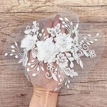 2Pcs Pearl Flower Embroidery Lace Patches 3D White Floral Embroidered Sew on Appliques for Wedding Dress Gown Headpiece Clothing Accessories Home Decoration Craft DIY