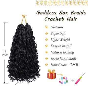 Dorsanee Boho Box Braids Crochet Hair 12 Inch 7 Packs Short Pre-looped Curly Ends Bohemian Hippie Braids Synthetic Braiding Hair Extension (1B)