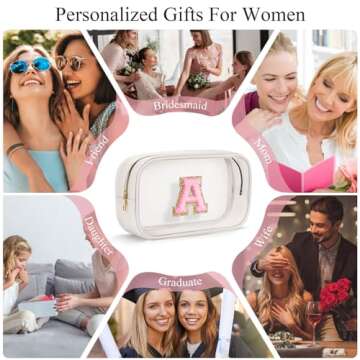 YOOLIFE Initial Make Up Bag Travel Toiletry Bag, Clear Makeup Bag Preppy Cosmetic Bag Gifts for Women Teen Girlfriend Teacher 16 Year Old Girl Gifts Daughter Gifts Swim Gifts For Girls White K