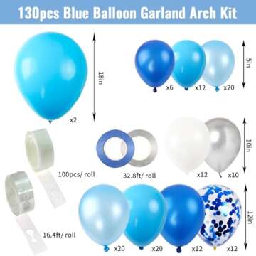 RUBFAC Blue Balloons Garland Arch Kit, Blue and White Balloons, Royal Blue Baby Blue White Sliver Ba...