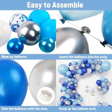 RUBFAC Blue Balloons Garland Arch Kit, Blue and White Balloons, Royal Blue Baby Blue White Sliver Balloon Arch for Baby Shower Birthday Graduation Party Decorations