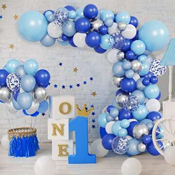 RUBFAC Blue Balloons Garland Arch Kit, Blue and White Balloons, Royal Blue Baby Blue White Sliver Balloon Arch for Baby Shower Birthday Graduation Party Decorations