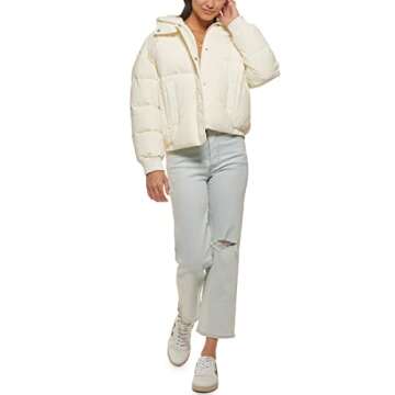 Levi's Women's Cinch Waist Puffer Jacket - Stylish Cream Outerwear with Hood