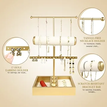 Funlove Jewelry Organizer Stand 3-in-1 Jewelry Holder for Necklaces Bracelet Earrings & Ring Jewelry Tree Jewelry Tower Metal & Wood-Gold