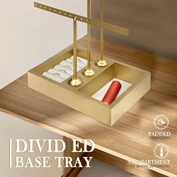 Funlove Jewelry Organizer Stand 3-in-1 Jewelry Holder for Necklaces Bracelet Earrings & Ring Jewelry Tree Jewelry Tower Metal & Wood-Gold