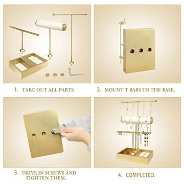 Funlove Jewelry Organizer Stand 3-in-1 Jewelry Holder for Necklaces Bracelet Earrings & Ring Jewelry Tree Jewelry Tower Metal & Wood-Gold