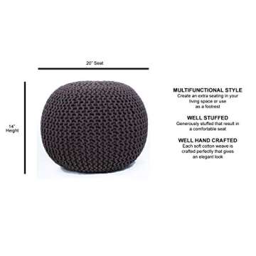 FRELISH DECOR Round Pouf Ottoman Hand Knitted 100% Cotton Pouf Foot Stool - Knitted Bean Bag - Floor Chair for Living Room Bedroom - Foot Rest for Couch (20 Diameter x 14 Height) - Brown