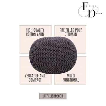 FRELISH DECOR Round Pouf Ottoman Hand Knitted 100% Cotton Pouf Foot Stool - Knitted Bean Bag - Floor Chair for Living Room Bedroom - Foot Rest for Couch (20 Diameter x 14 Height) - Brown