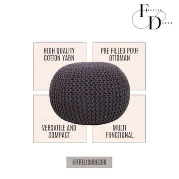 FRELISH DECOR Round Pouf Ottoman Hand Knitted 100% Cotton Pouf Foot Stool - Knitted Bean Bag - Floor Chair for Living Room Bedroom - Foot Rest for Couch (20 Diameter x 14 Height) - Brown