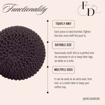 FRELISH DECOR Round Pouf Ottoman Hand Knitted 100% Cotton Pouf Foot Stool - Knitted Bean Bag - Floor Chair for Living Room Bedroom - Foot Rest for Couch (20 Diameter x 14 Height) - Brown