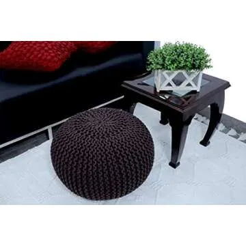 FRELISH DECOR Round Pouf Ottoman Hand Knitted 100% Cotton Pouf Foot Stool - Knitted Bean Bag - Floor Chair for Living Room Bedroom - Foot Rest for Couch (20 Diameter x 14 Height) - Brown