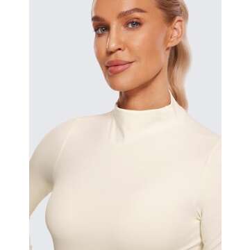 CRZ YOGA Womens Butterluxe Mock Turtleneck Long Sleeves Crop Tops Slim Fit Workout Casual T-Shirt Base Layer Fall Shirts White Apricot Small