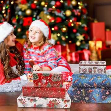 Dtiafu Christmas Wrapping Paper Bundle for Women Man Boys Girls Kids - 6 pcs 6 Style Red Blue Xmas Gift Wrap with Vintage Flowers Trees Candy Cane Stars Patterns for Holiday Celebration - 20 X 28 Inch