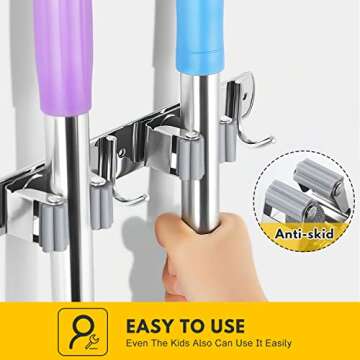 Laufary Broom Holder- Stainless Steel Mop Holder Wall Mount, Broom Storage Rack, Garden Tool Organizer, 4 Racks 5 Hooks For Home, Kitchen, Garden, Tools, Garage Organizing (grey)
