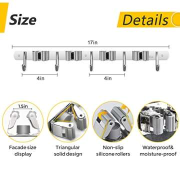 Laufary Broom Holder- Stainless Steel Mop Holder Wall Mount, Broom Storage Rack, Garden Tool Organizer, 4 Racks 5 Hooks For Home, Kitchen, Garden, Tools, Garage Organizing (grey)